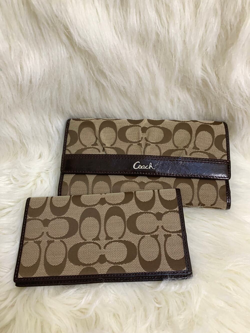 COACH Khaki/Mahogany Trifold Signature ASHLEY Trifold Checkbook Wallet #42819